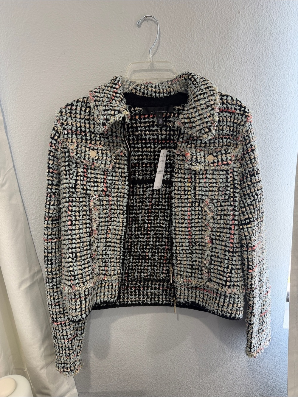 White House Black Market Tweed Bouclé Jacket in Black, White & Pink